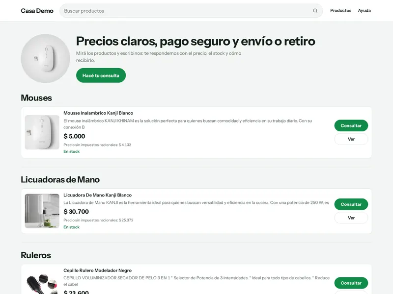 Tienda de ejemplo con la plantilla Catálogo con WhatsApp